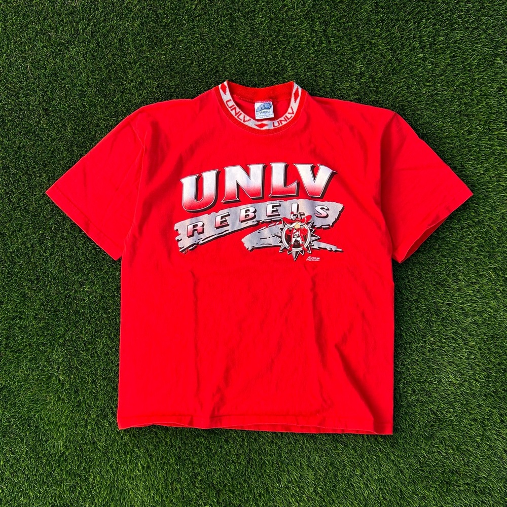 Vintage 90s UNLV Rebels T-Shirt Capitol Graphics Spellout Collar Red Tee Size XL
